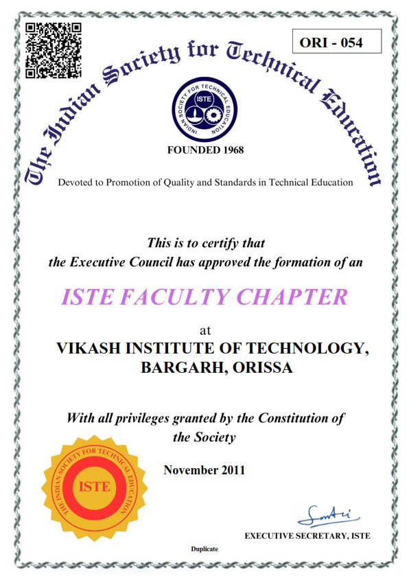 ISTE Faculty Chapter Certificate - ORI-054